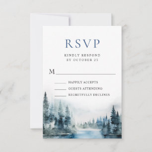 Elegant Waterverf Mountains Forest Wedding RSVP Kaartje