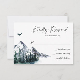 Elegant Waterverf Mountains Forest Wedding RSVP Kaartje