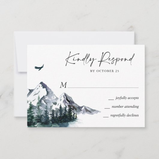 Elegant Waterverf Mountains Forest Wedding RSVP Kaartje (Voorkant)