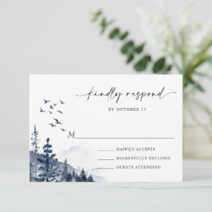 Elegant Waterverf Mountains Forest Wedding RSVP Kaartje