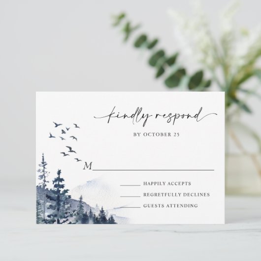 Elegant Waterverf Mountains Forest Wedding RSVP Kaartje (Staand voorkant)