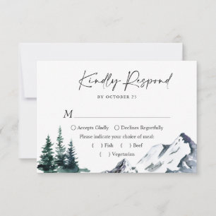 Elegant Waterverf Mountains Forest Wedding RSVP Kaartje