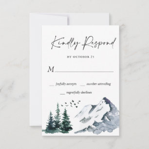 Elegant Waterverf Mountains Forest Wedding RSVP Kaartje