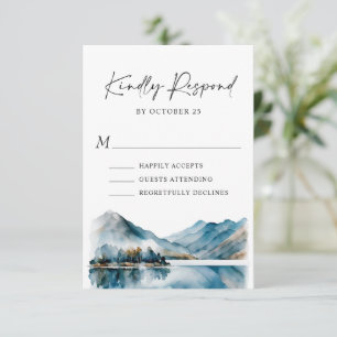 Elegant Waterverf Mountains Forest Wedding RSVP Kaartje