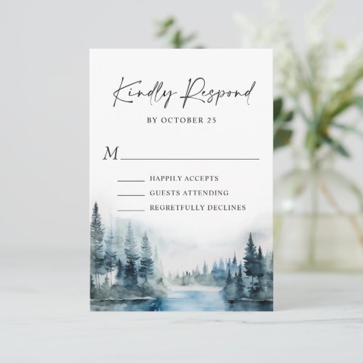 Elegant Waterverf Mountains Forest Wedding RSVP Kaartje (Staand voorkant)