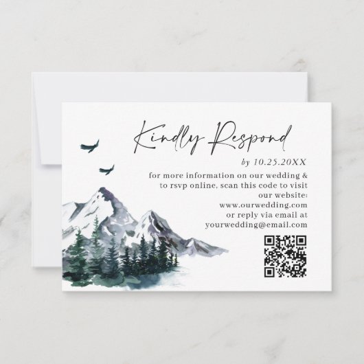 Elegant Waterverf Mountains Forest Wedding RSVP Kaartje (Voorkant)
