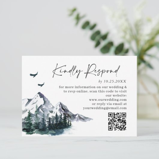 Elegant Waterverf Mountains Forest Wedding RSVP Kaartje (Staand voorkant)
