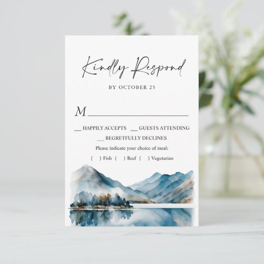 Elegant Waterverf Mountains Forest Wedding RSVP Kaartje (Staand voorkant)
