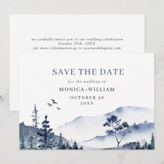 Elegant Waterverf Mountains Forest Wedding Save The Date (Voorkant / Achterkant)