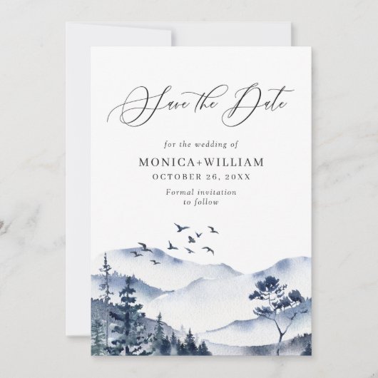 Elegant Waterverf Mountains Forest Wedding Save The Date (Voorkant)