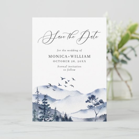 Elegant Waterverf Mountains Forest Wedding Save The Date (Staand voorkant)