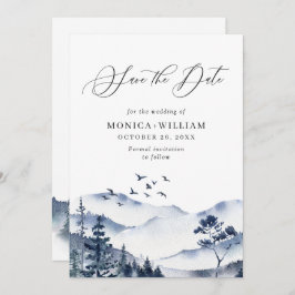 Elegant Waterverf Mountains Forest Wedding Save The Date