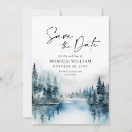 Elegant Waterverf Mountains Forest Wedding Save The Date