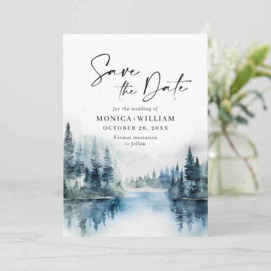 Elegant Waterverf Mountains Forest Wedding Save The Date (Staand voorkant)