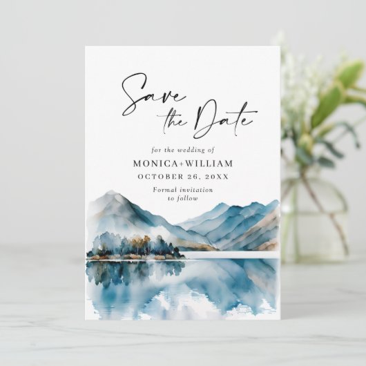 Elegant Waterverf Mountains Forest Wedding Save The Date (Staand voorkant)