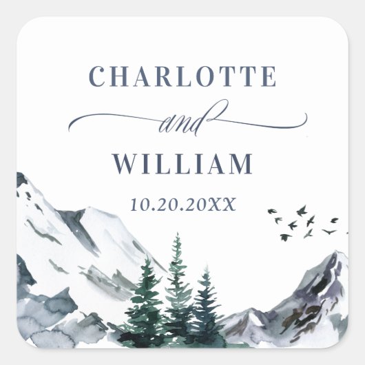 Elegant Waterverf Mountains Weddenschap Bedankt Sq Vierkante Sticker (Voorkant)