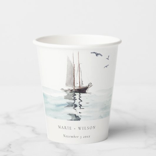 Elegant Waterverf Nautical Sailing Yacht Wedding Papieren Bekers (Voorkant)