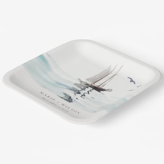 Elegant Waterverf Nautical Sailing Yacht Wedding Papieren Bordje (Gebogen)
