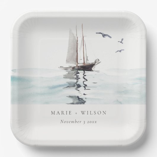 Elegant Waterverf Nautical Sailing Yacht Wedding Papieren Bordje (Voorkant)