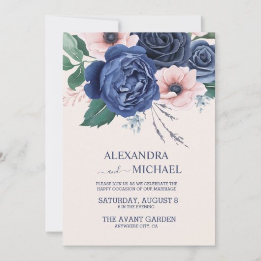 Elegant Waterverf Navy Blue Floral Wedding Invita Kaart (Voorkant)