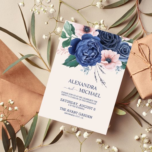 Elegant Waterverf Navy Blue Floral Wedding Invita Kaart