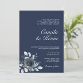 Elegant Waterverf Navy Blue Floral Wedding Kaart (Staand voorkant)