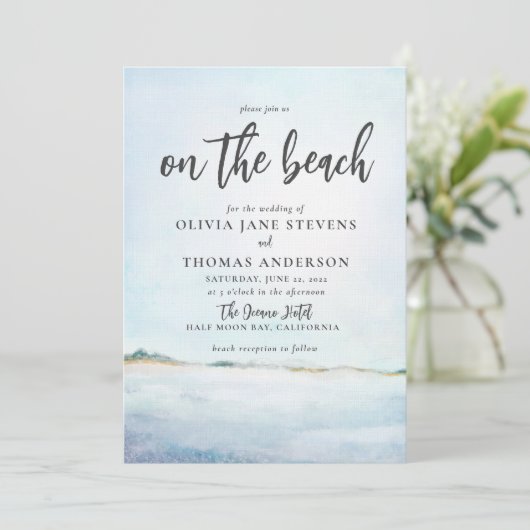 Elegant Waterverf Ocean Beach All in One Wedding Kaart (Staand voorkant)