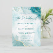 Elegant Waterverf Ocean Blauwgroen Blue Gold Weddi Kaart (Staand voorkant)