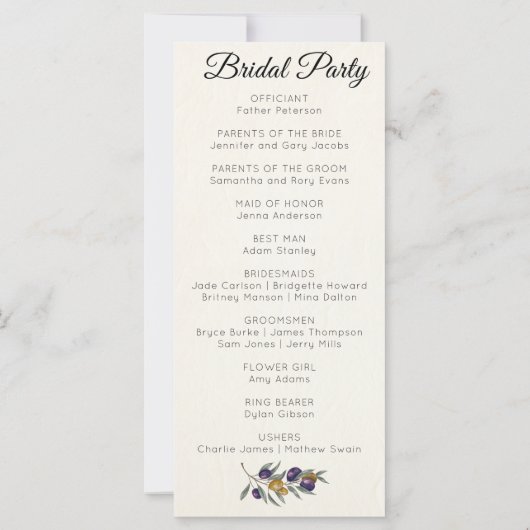 Elegant Waterverf Olijf Trouwprogramma (Achterkant)