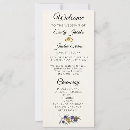 Elegant Waterverf Olijf Trouwprogramma (Voorkant)