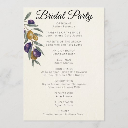 Elegant Waterverf Olijf Trouwprogramma Programmakaart (Achterkant)