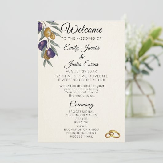 Elegant Waterverf Olijf Trouwprogramma Programmakaart (Staand voorkant)