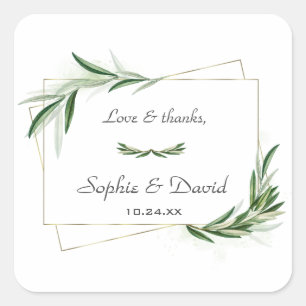 Elegant Waterverf Olijfgroen Goud Bruiloft Vierkante Sticker
