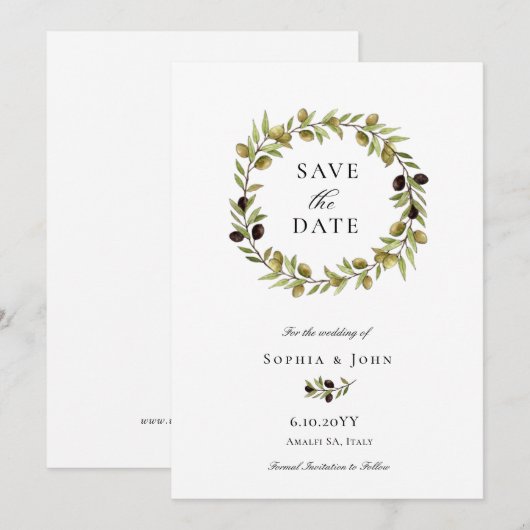 Elegant waterverf  Olijfzwam Save The Date (Voorkant / Achterkant)