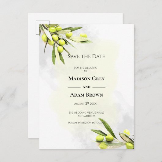 Elegant Waterverf Olive Branches slaan de datum op Aankondigingskaart (Voorkant / Achterkant)