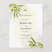 Elegant Waterverf Olive Branches slaan de datum op Aankondigingskaart (Voorkant)