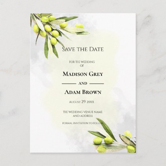 Elegant Waterverf Olive Branches slaan de datum op Aankondigingskaart (Voorkant)