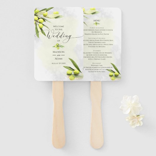 Elegant Waterverf Olive Branches Wedding Menu Handwaaier (Voorkant en achterkant)
