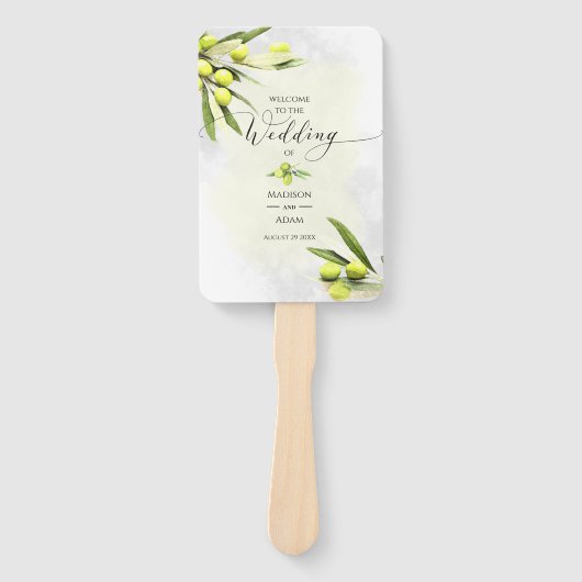 Elegant Waterverf Olive Branches Wedding Menu Handwaaier (Voorkant)