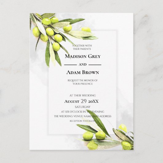 Elegant Waterverf Olive Branches Wedding Uitnodiging Briefkaart (Voorkant)