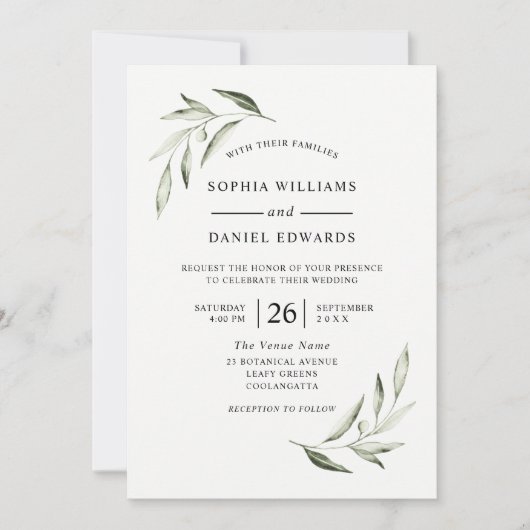 Elegant Waterverf Olive Green Leaf Wedding Kaart (Voorkant)