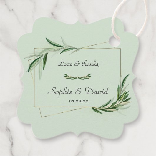 Elegant Waterverf Olive Greenery Gold Wedding Bedankjes Labels (Achterkant)