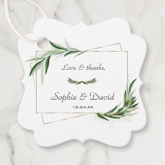 Elegant Waterverf Olive Greenery Gold Wedding Bedankjes Labels (Voorkant)