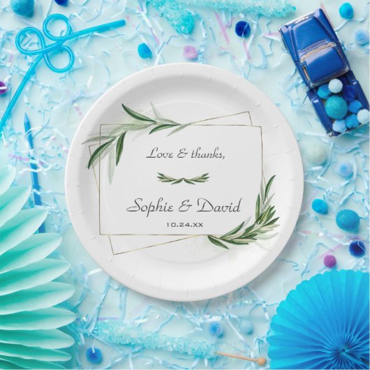 Elegant Waterverf Olive Greenery Gold Wedding Papieren Bordje (Feest)