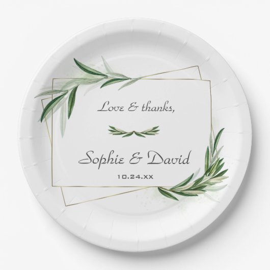 Elegant Waterverf Olive Greenery Gold Wedding Papieren Bordje (Voorkant)