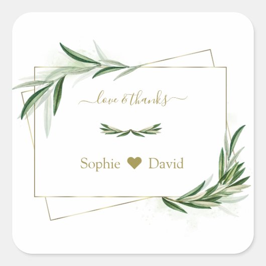 Elegant Waterverf Olive Greenery Gold Wedding Vierkante Sticker (Voorkant)