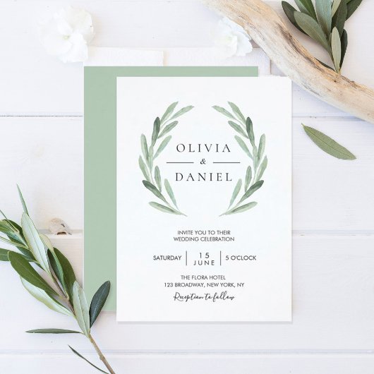 Elegant Waterverf Olive Leaf Wreatgreen Wedding Kaart