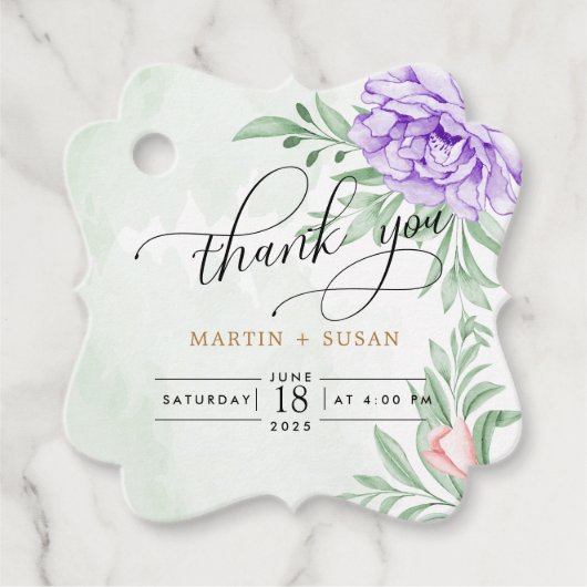 Elegant Waterverf Paars Blooms Bouquet Wedding Bedankjes Labels (Voorkant)