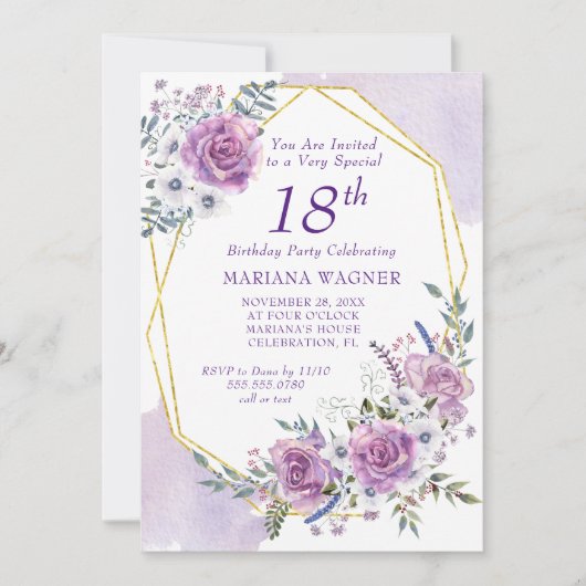 Elegant Waterverf Paars Floral 18e verjaardag Kaart (Voorkant)