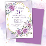 Elegant Waterverf Paars Floral 21e verjaardag Kaart<br><div class="desc">Elegant Waterverf Paarse Floral 21e verjaardag met gouden lijst in  paarse rozen en lavender.</div>